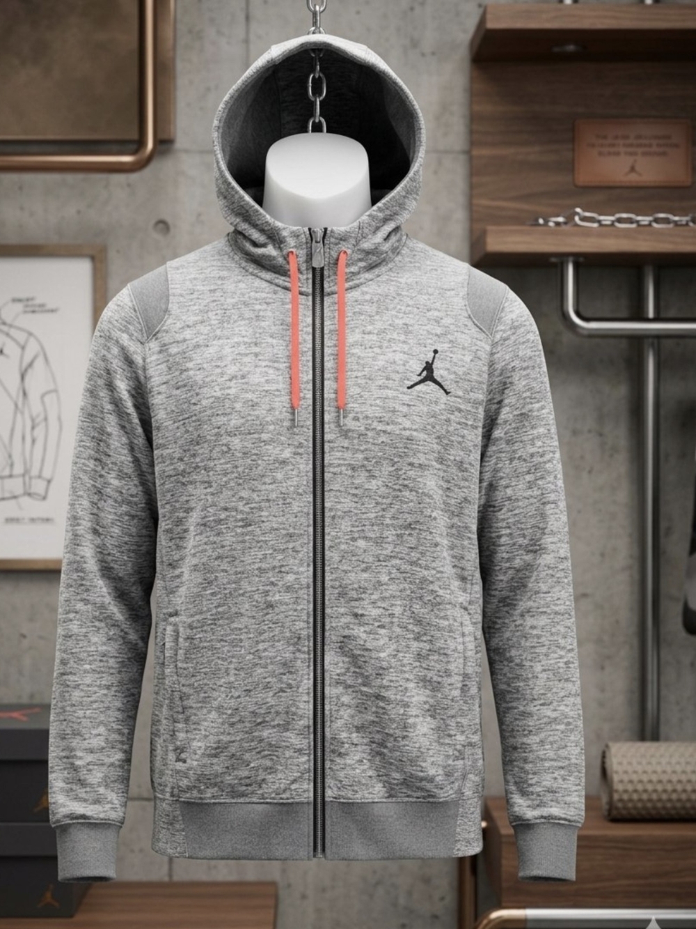 Jordan Grey Heather Full-Zip Hoodie with Coral Drawstrings